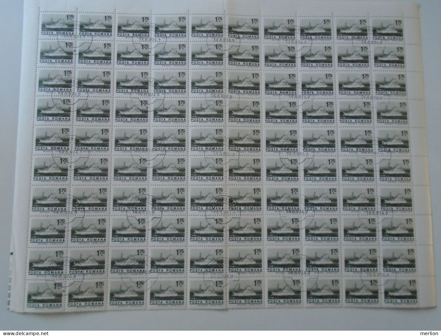 ZA484.4  ROMANIA   Sheet With   100 Stamps  1,75 Lei,  Ship - Motonava Transylvania -   Cancel Bucuresti  1974 - Andere & Zonder Classificatie