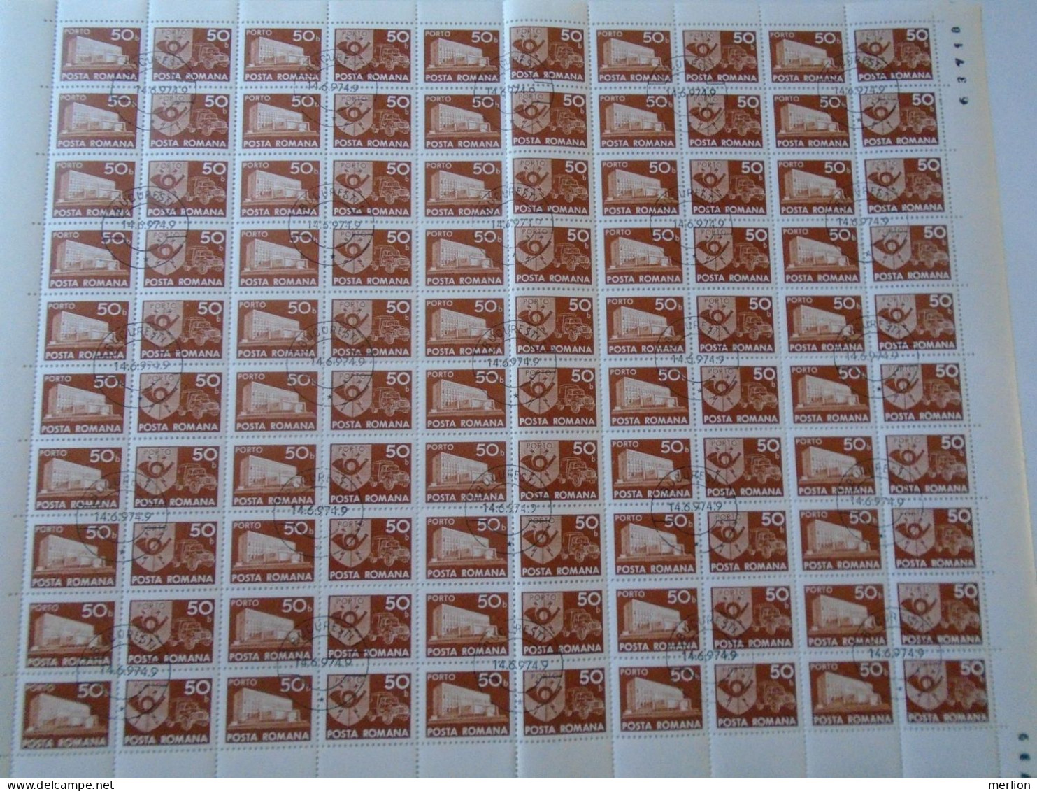 ZA484.11 ROMANIA   Sheet With   100 Stamps  50b  PORTO  Postage Due - Cancel Bucuresti    1974 - Other & Unclassified