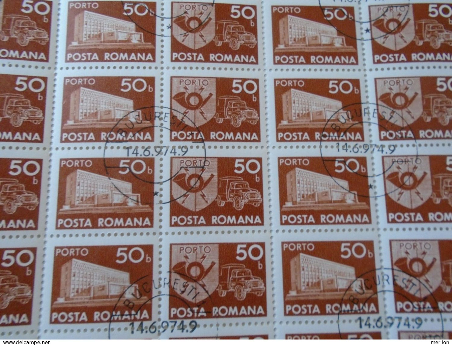 ZA484.11 ROMANIA   Sheet With   100 Stamps  50b  PORTO  Postage Due - Cancel Bucuresti    1974 - Other & Unclassified