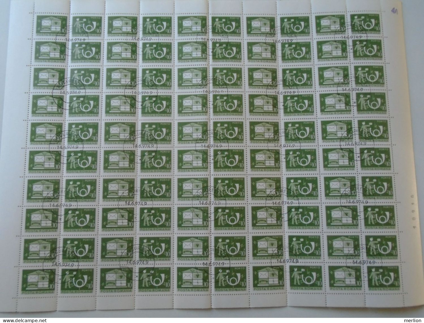 ZA484.15 ROMANIA   Sheet With   100 Stamps 10b  PORTO  Postage Due - Cancel Bucuresti    1974 - Altri & Non Classificati