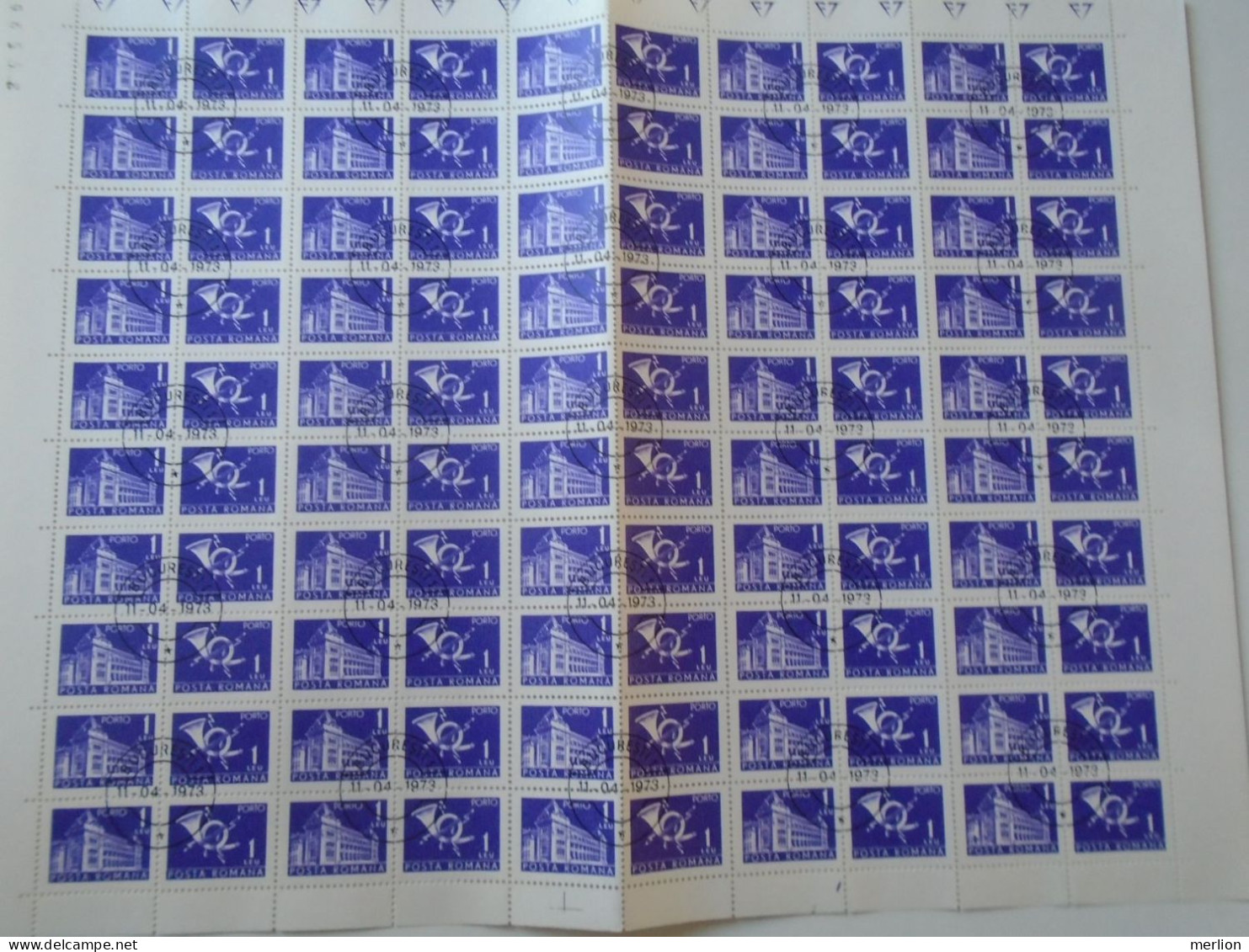 ZA484.17  ROMANIA   Sheet With   100 Stamps 1 Leu  PORTO  Postage Due - Cancel Bucuresti    1973 - Other & Unclassified