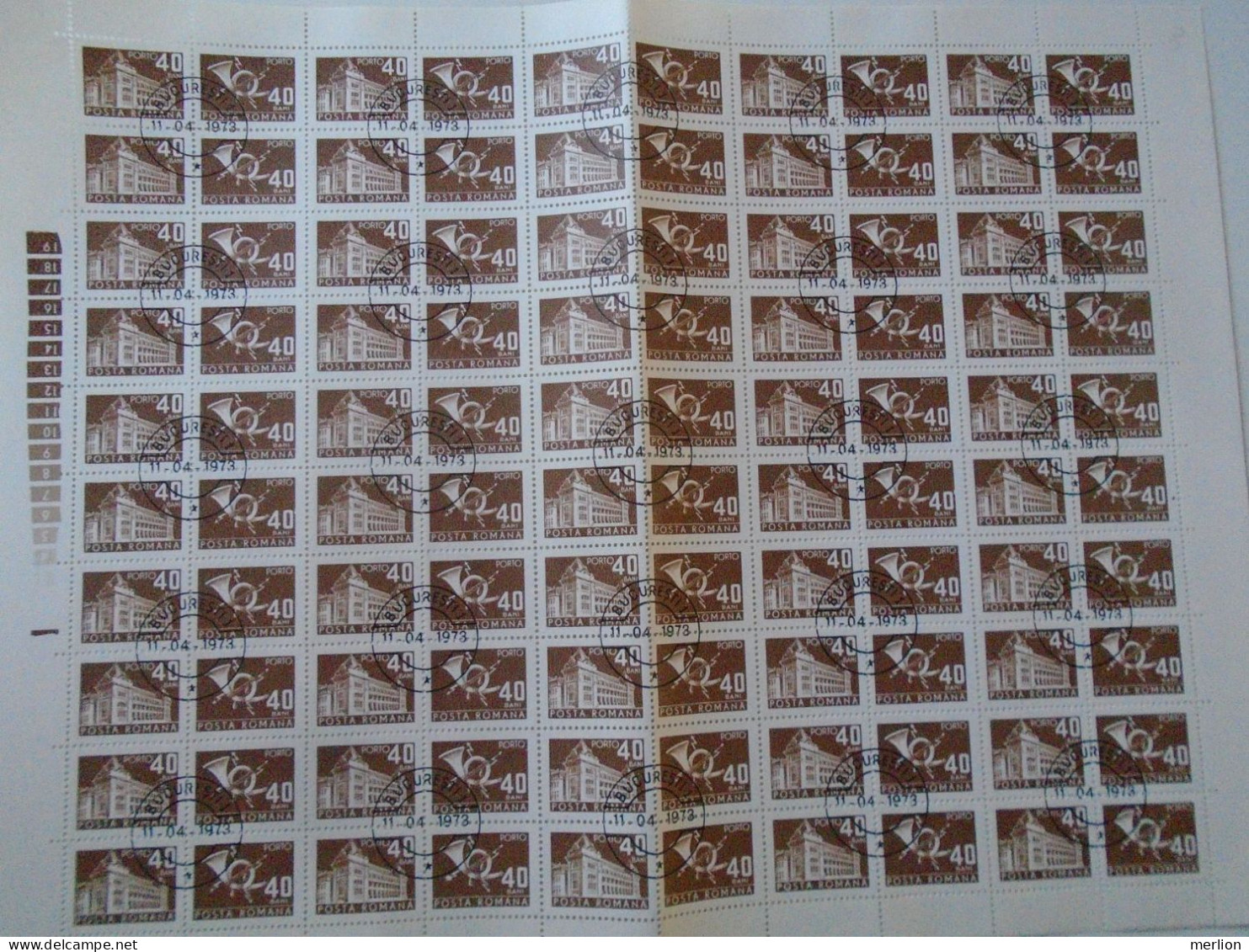 ZA484.18  ROMANIA   Sheet With   100 Stamps 40b  PORTO  Postage Due - Cancel Bucuresti    1973 - Autres & Non Classés