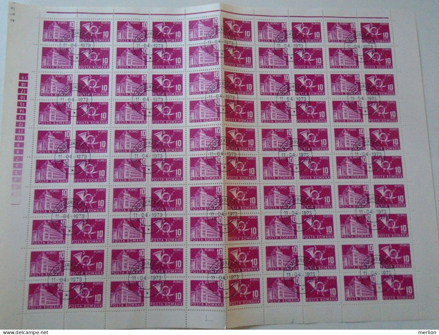 ZA484.19  ROMANIA   Sheet With   100 Stamps 10b  PORTO  Postage Due - Cancel Bucuresti    1973 - Andere & Zonder Classificatie