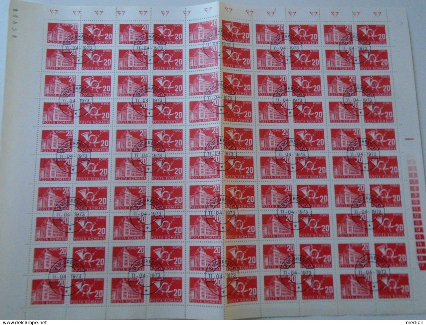 ZA484.20  ROMANIA   Sheet With   100 Stamps 20b  PORTO  Postage Due - Cancel Bucuresti    1973 - Andere & Zonder Classificatie