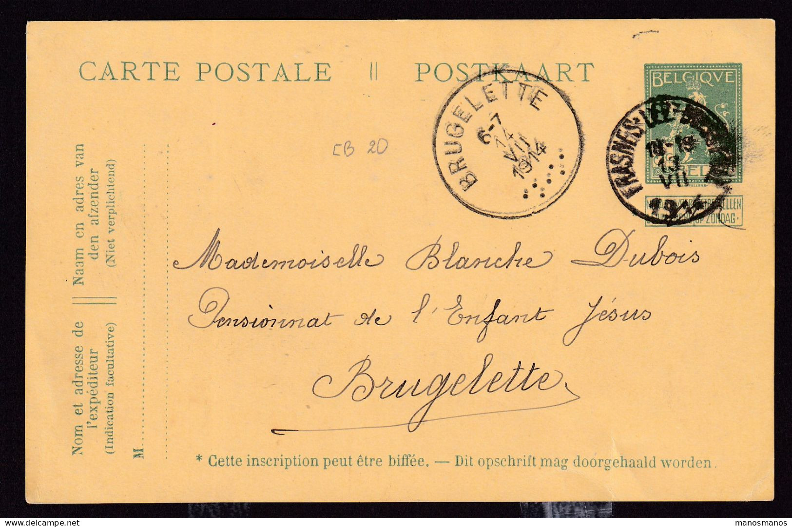 DDFF 461 - Entier Pellens T2R FRASNES Lez BUISSENAL 1914 Vers BRUGELETTE - COBA 8 EUR Vers COBA 20 EUR (s/TP Détachés) - Cartes Postales 1909-1934