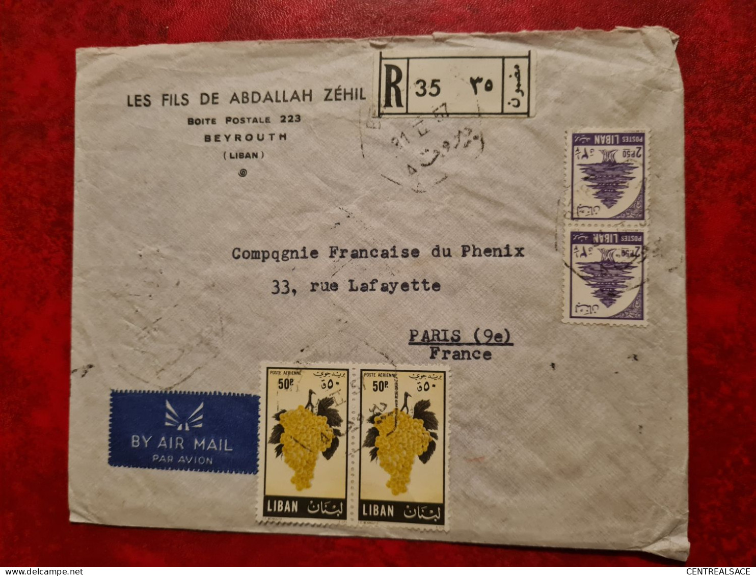 LETTRE LIBAN BEYROUTH A   LES FILS DE ABDALLAH ZEHIL POUR PARIS AVION EN RECOMMANDE BEYRUTH RP CHARGEMENTS 1957 RAISIN - Liban