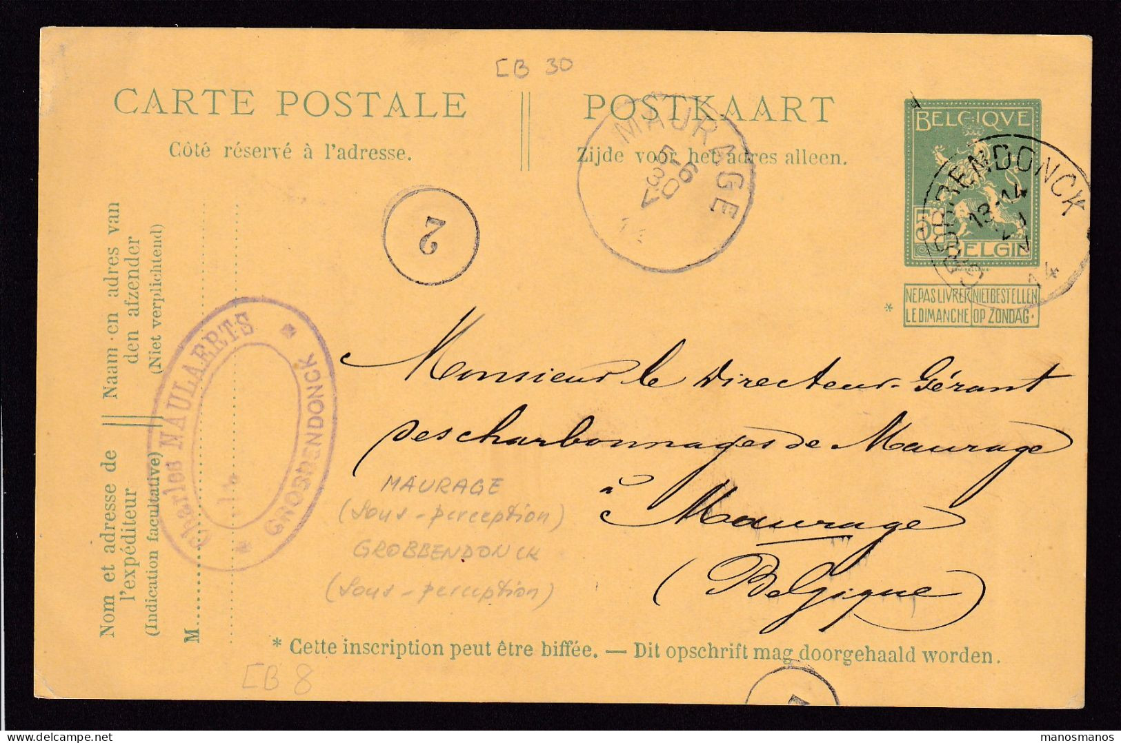 DDFF 463 - Entier Pellens GROBBENDONCK 1914 Vers T2R MAURAGE - COBA 8 EUR Vers COBA 30 EUR (s/TP Détachés) - Postcards 1909-1934