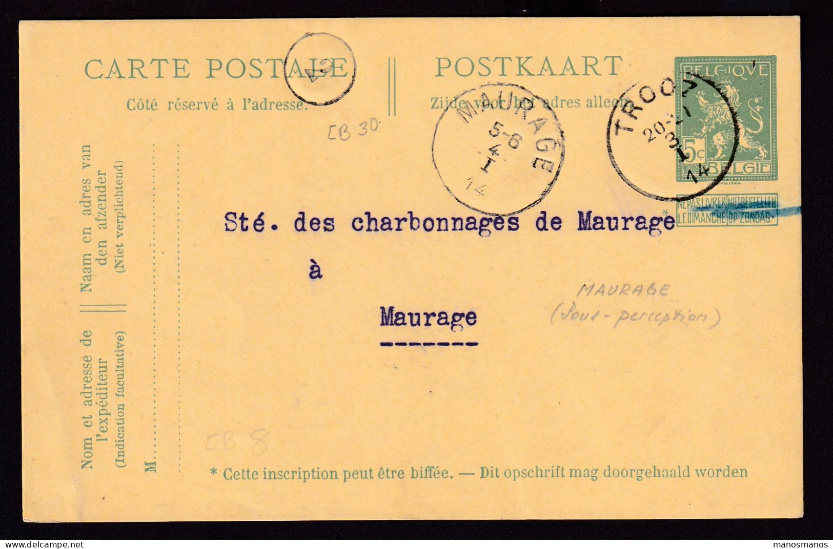 DDFF 474 - Entier Pellens T2R TROOZ 1914 Vers T2R MAURAGE - COBA 8 EUR Vers COBA 30 EUR (s/TP Détachés) - Briefkaarten 1909-1934