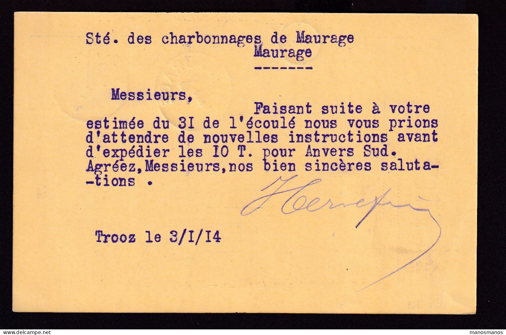 DDFF 474 - Entier Pellens T2R TROOZ 1914 Vers T2R MAURAGE - COBA 8 EUR Vers COBA 30 EUR (s/TP Détachés) - Briefkaarten 1909-1934