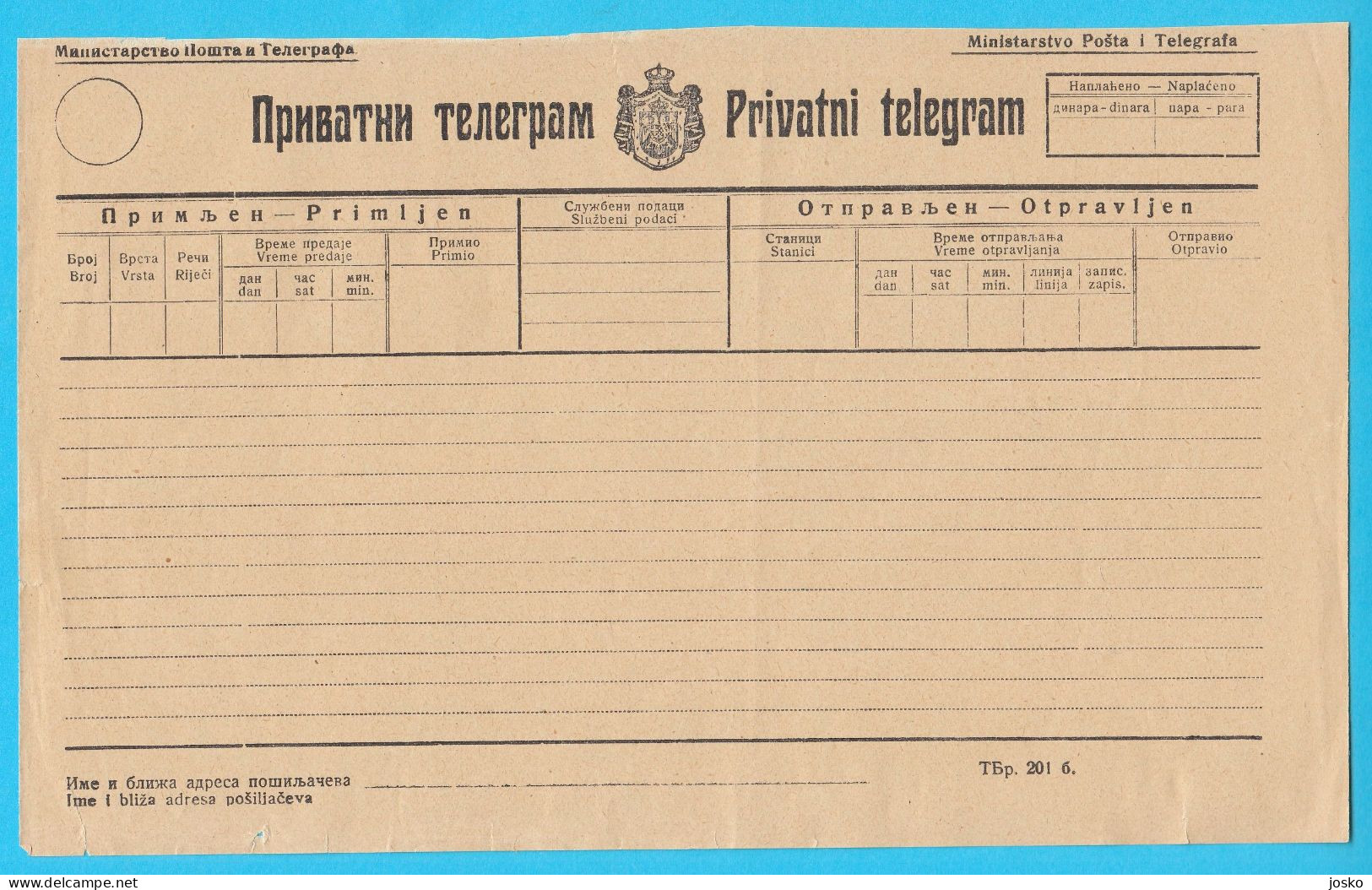 TELEGRAM - Kingdom Of Yugoslavia Old Pre-WW2 Telegramm * Télégramme Telegramm Telegramma Yougoslavie Jugoslavia - Altri & Non Classificati