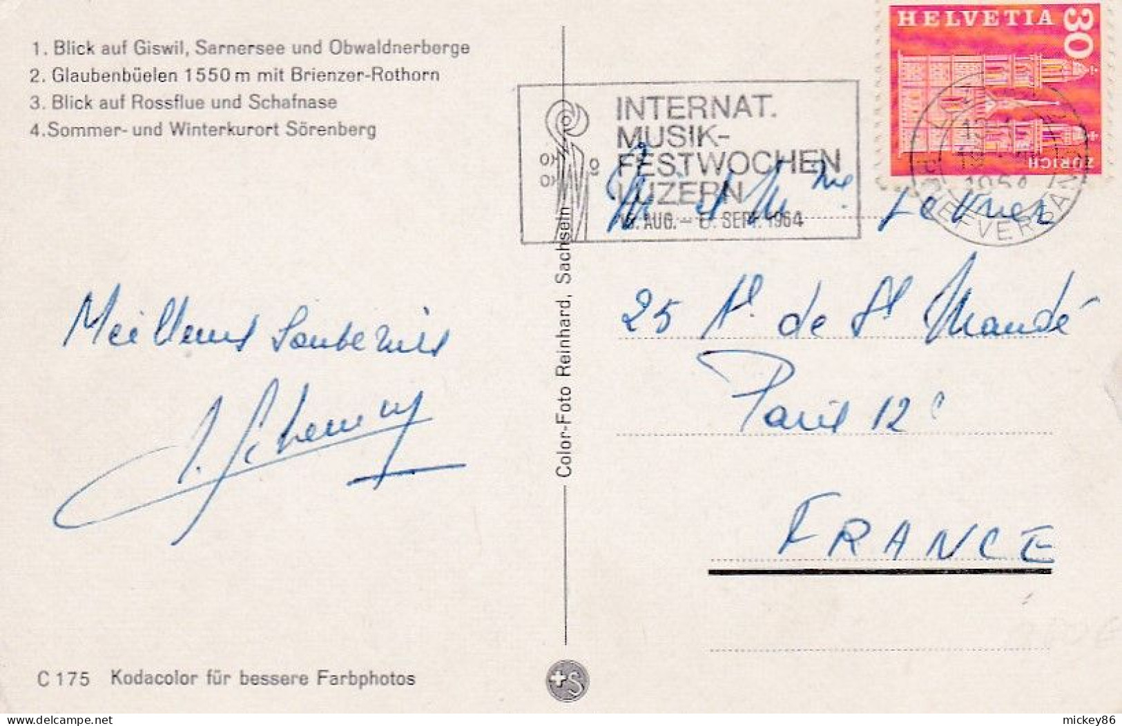 Suisse -- 1964 --cachet Du 19-4-1964--LUZERN Pour PARIS 12° Sur Cp  14 X 9  Multivues (voitures) - Cartas & Documentos