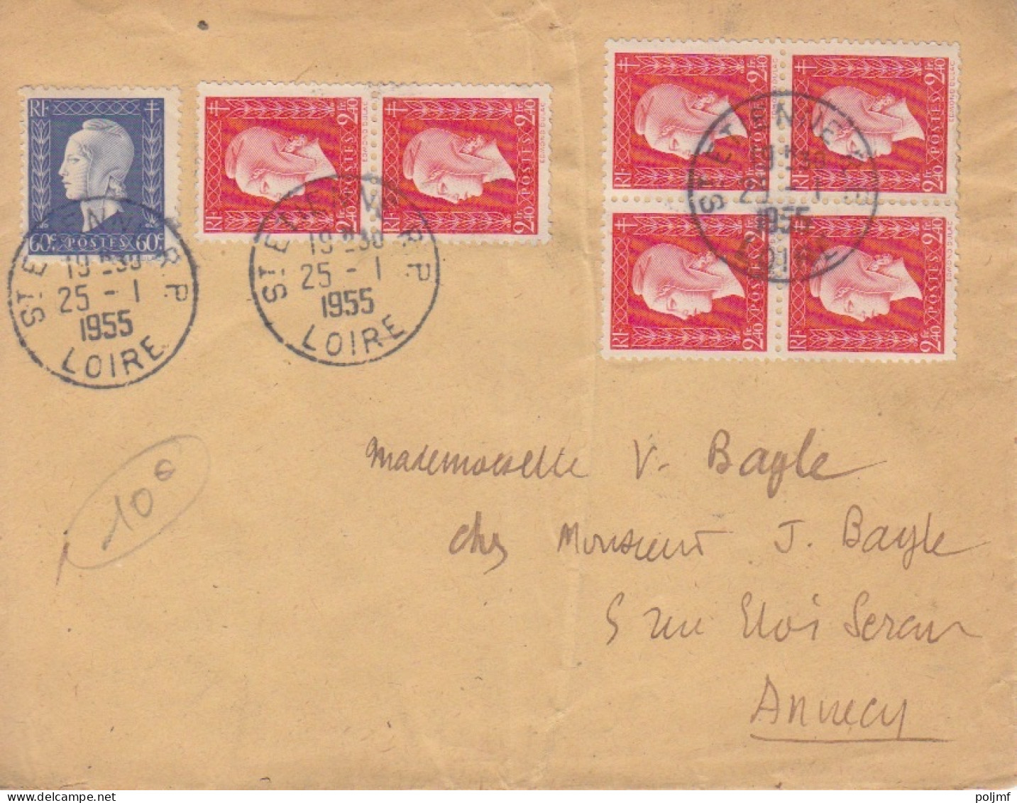 Lettre Obl. St Etienne Le 25/1/55 Sur 60c Et 2F40 X 6 Dulac = 15F N° 686, 693 (tarif Du 8/12/51) Pour Annecy - 1944-45 Marianne De Dulac