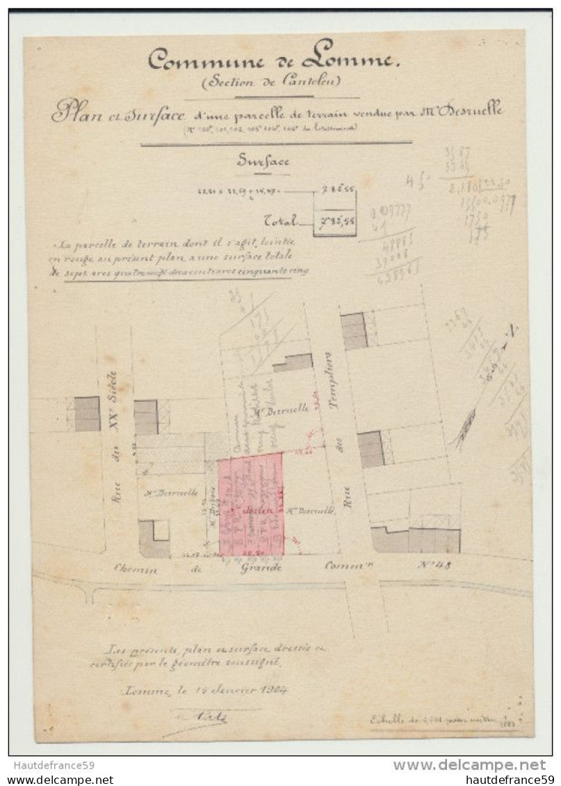 RARE Ancien Plan Original De Géomètre 1904 Commune LOMME CANTELEU Plan & Surface Signé Perte Géomètre Prop DESRUELLE - Topographical Maps