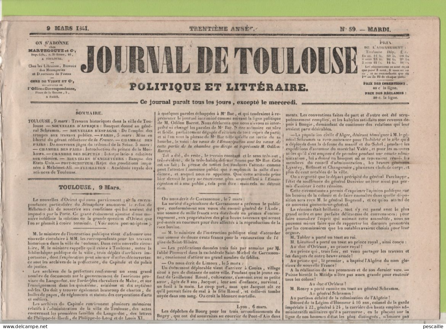 JOURNAL DE TOULOUSE 09 03 1841 - CARCASSONNE - COUIZA - ALGER / BOUGIE - MORT DE BERTRAND BARRERE - ALEXANDRIE - MALTE - 1800 - 1849