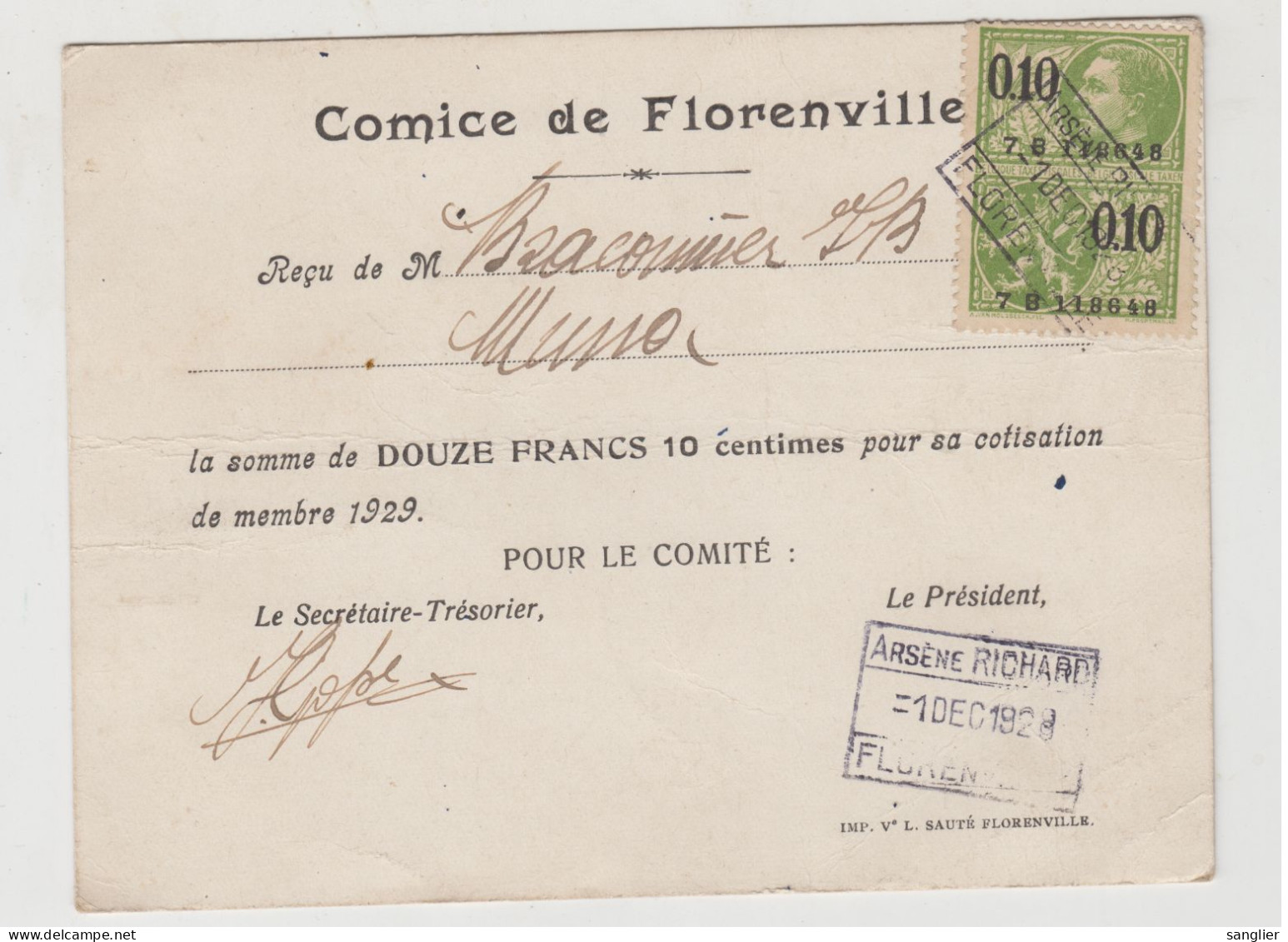 1929 0.10 TAXE FISCALE - TIMBRE SUR CARTE COMICE DE FLORENVILLE - Sellos