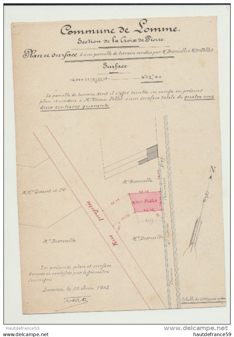 RARE Ancien Plan Original De Géomètre Perte 1903 Commune LOMME Croix De Pierre  Plan & Surface Prop DESRUELLE à POLLET - Cartes Topographiques