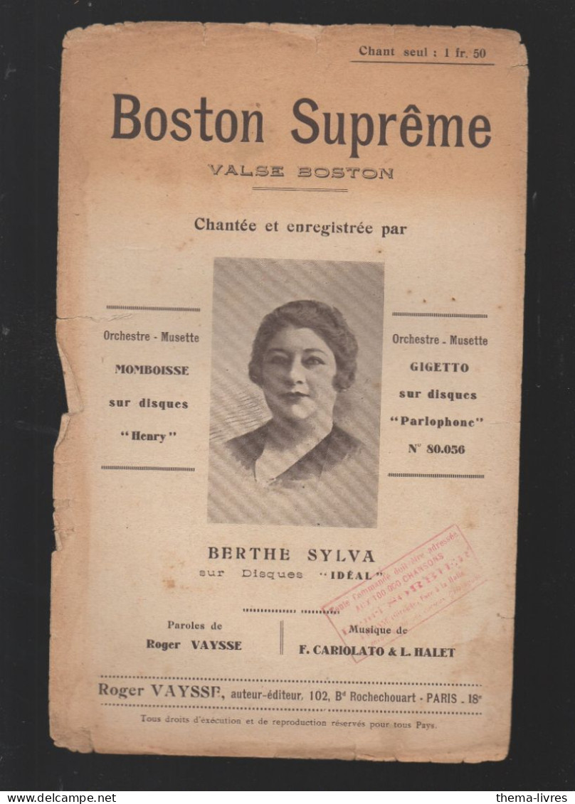 Partition "petit Format"  (ancienne) Berthe Sylva : Boston Suprême  (M6219 / Y) - Other & Unclassified