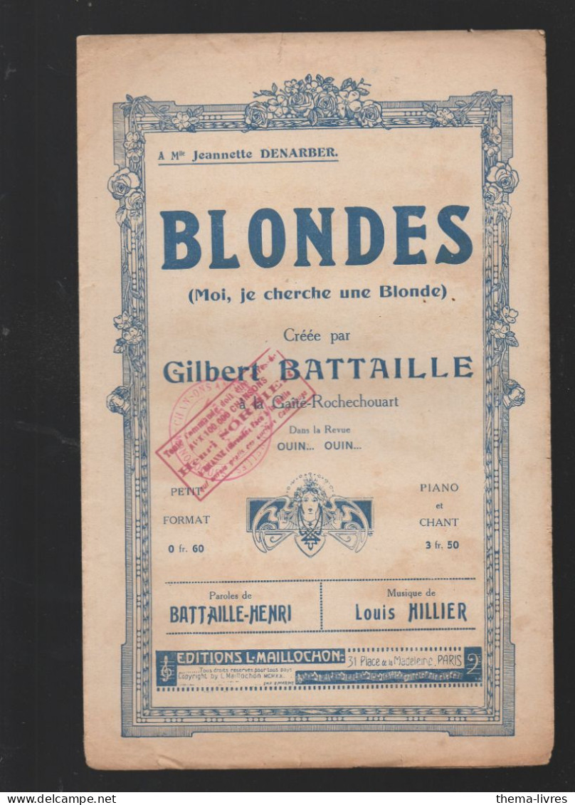 Partition "petit Format"  (ancienne) Gilbert Bataille  Blondes  1921  (M6219 / Z) - Otros & Sin Clasificación