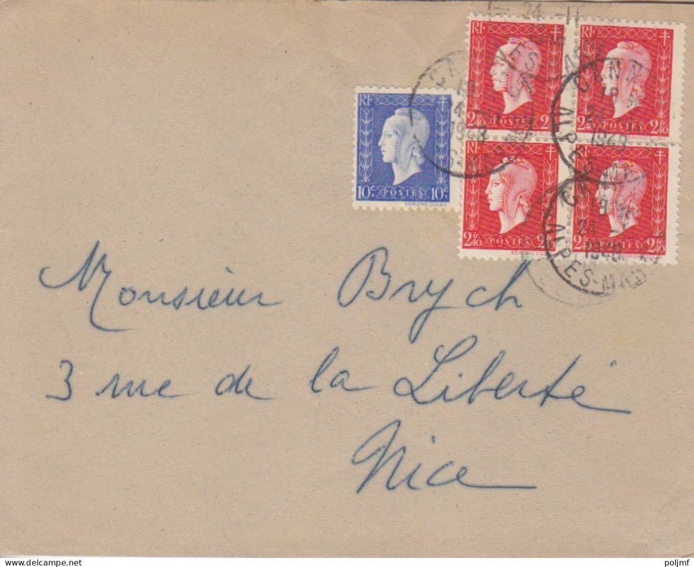 Lettre Obl. Cannes Le 24/11/48 Sur 10c Et 2F40 X 4 Dulac N° 682, 693 X 4 (tarif Du 21/11/48) Pour Nice - 1944-45 Marianne (Dulac)