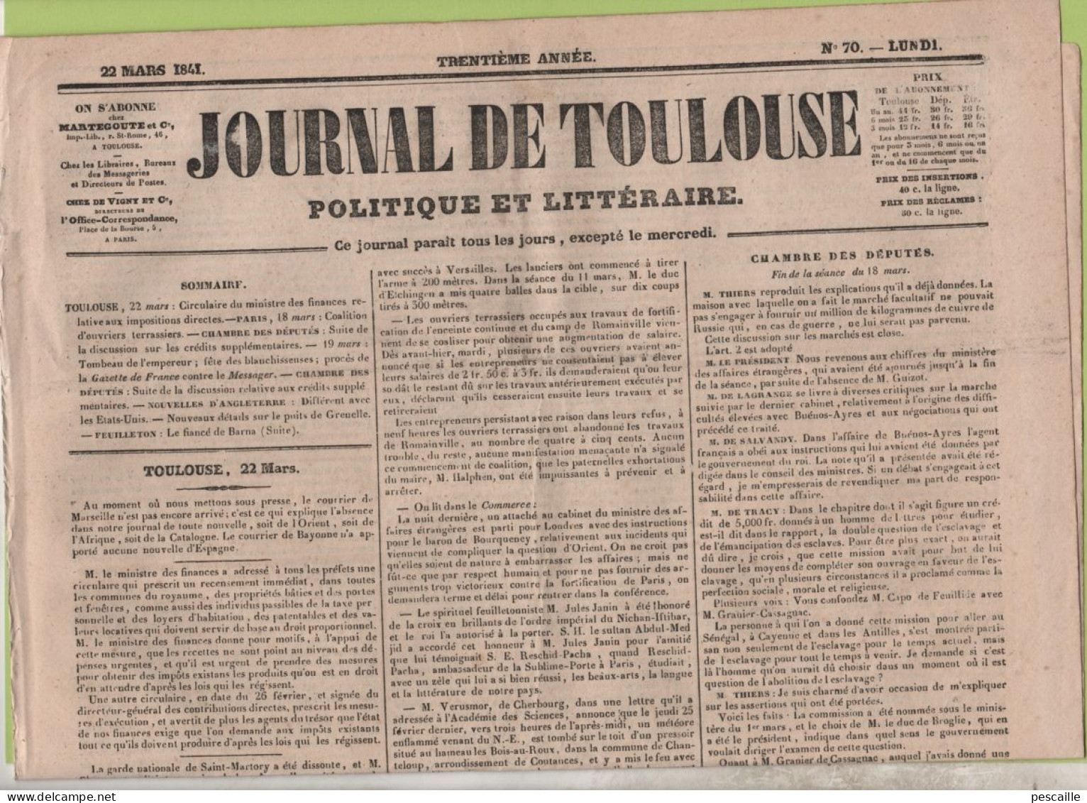 JOURNAL DE TOULOUSE 22 03 1841 - ROMAINVILLE - METEORE CHANTELOUP 50 - ANGLETERRE Vs U.S.A. - COMANCHES - GRENELLE - 1800 - 1849