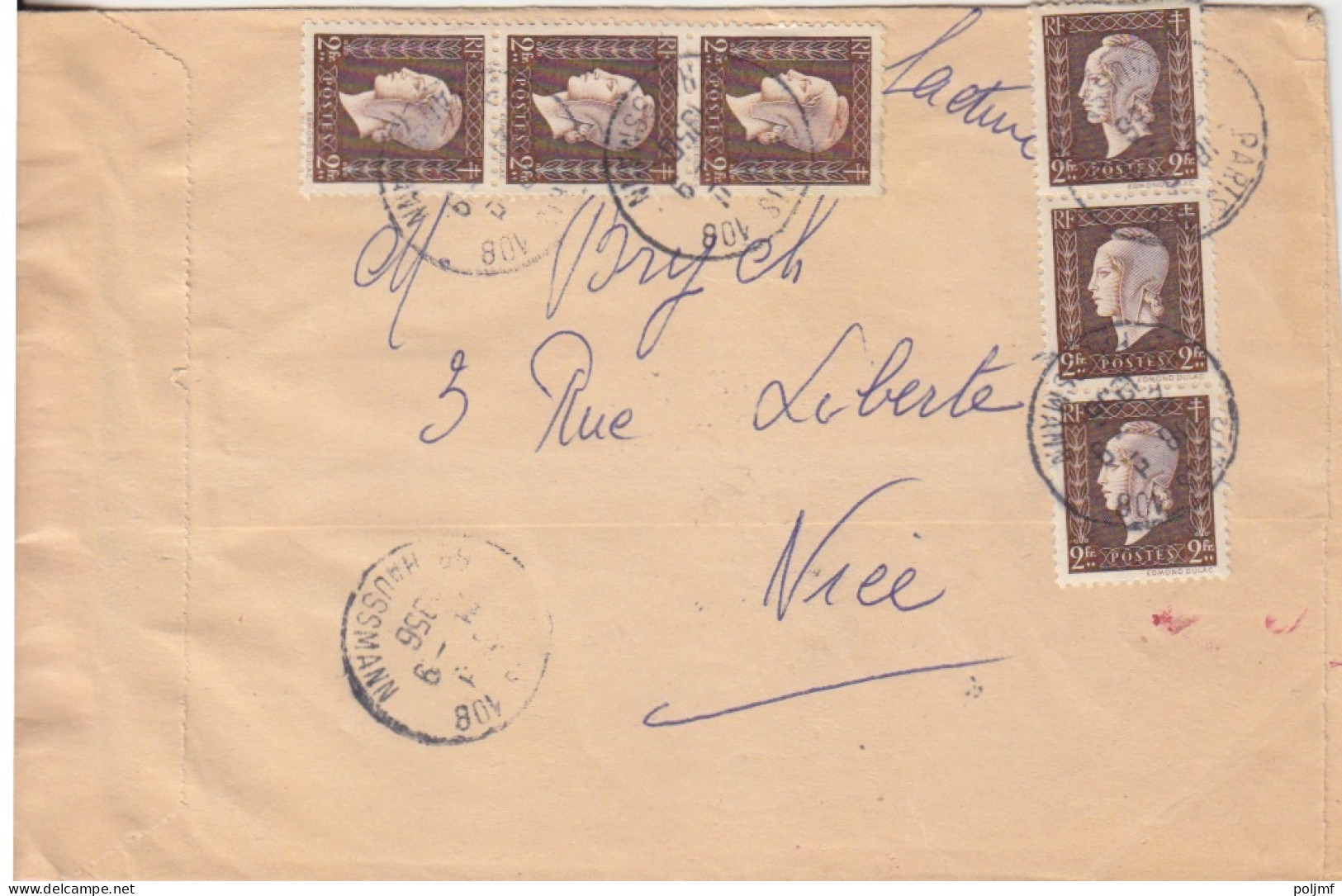 Lettre Obl. Paris 108 Le 21/9/56 Sur 2F X 6 Dulac N° 692 (tarif Du 15/5/50, Imprimés 3° échelon) Pour Nice - 1944-45 Marianne De Dulac