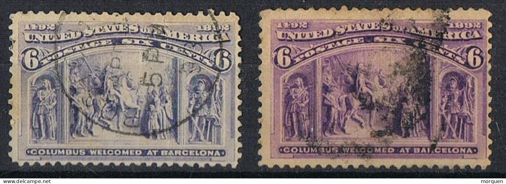 Dos Sellos 6 Ctvos 1893, Recepcion COLON En Barcelona, VARIEDAD Color.  Yvert Num 86-86a º - Used Stamps
