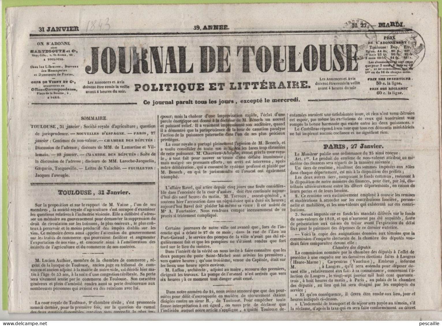 JOURNAL DE TOULOUSE 31 01 1843 - COUR ROYALE TOULOUSE - MADRID - DISCOURS DE LAMARTINE - BUCAREST - THEATRE DU CAPITOLE - 1800 - 1849