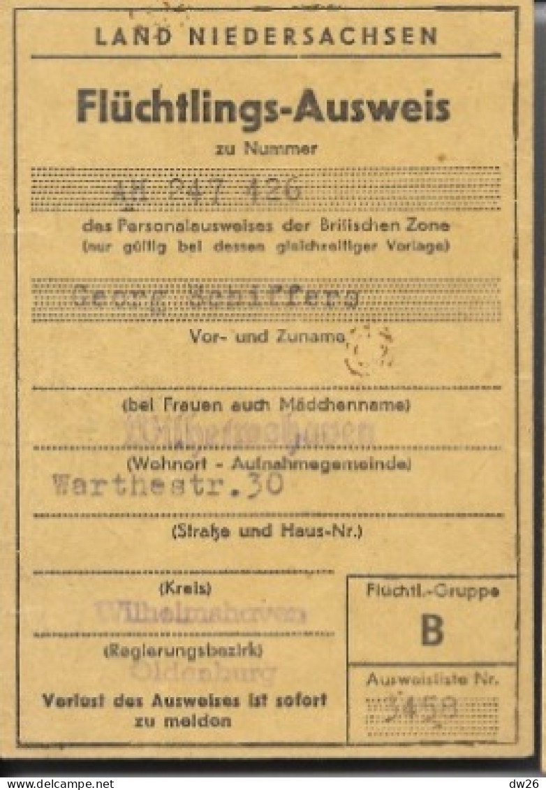 Ausweis - Carte D'identité De Réfugié 1949 (G. Schiffers) Flüchtlingsausweis Wilhelmshaven, Land Niedersachsen - Documents Historiques