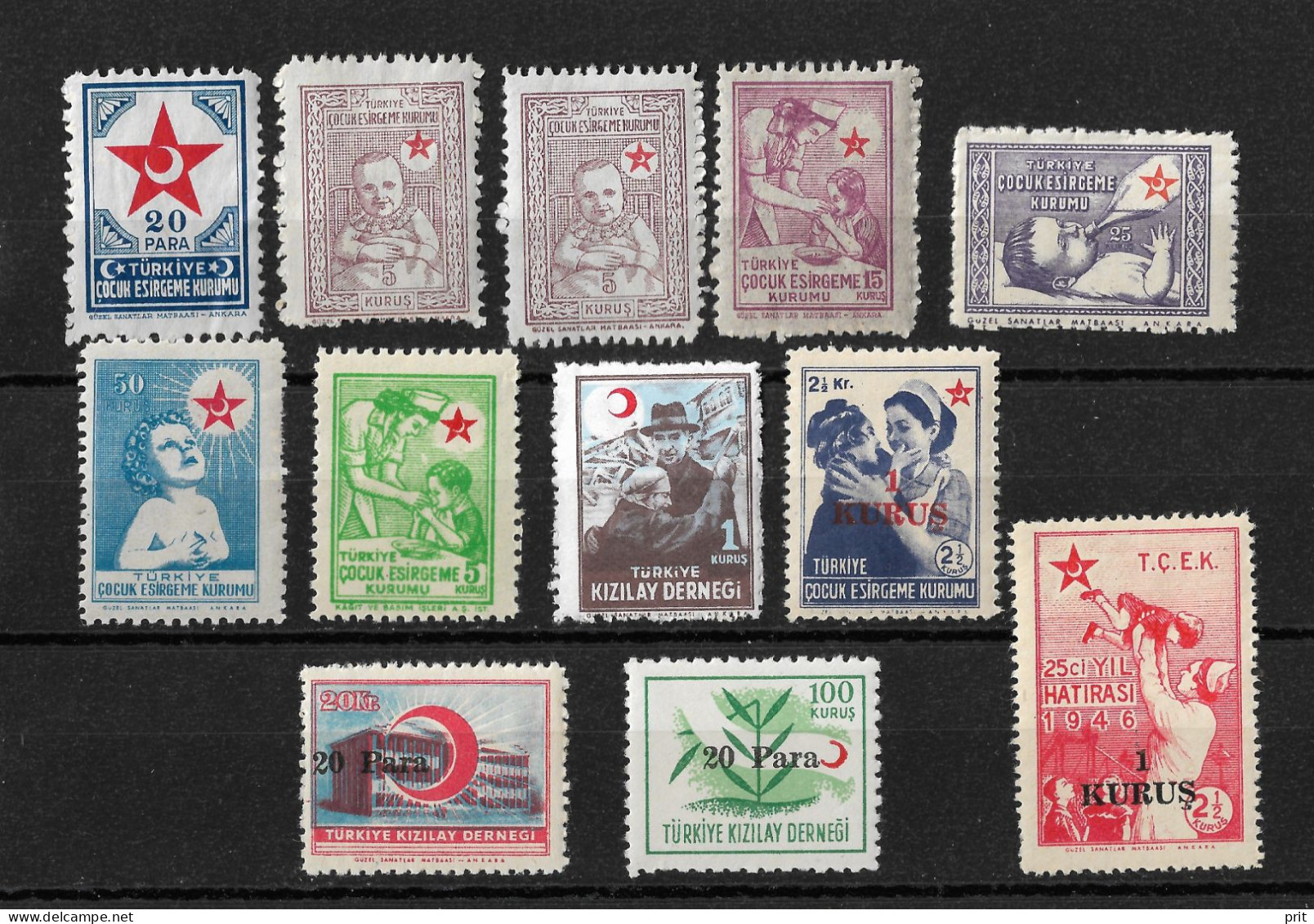 Turkey 1943-1955 Lot Of 12 Mint Stamps, For Children's Aid, Red Crescent Edition. MH/MLH/MNH - Unused Stamps