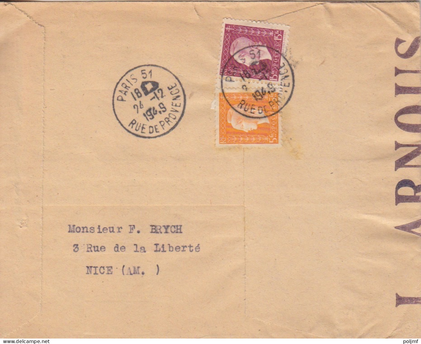 Lettre Obl. Paris 51 Caviardé Le 24/12/49 Sur 5F Et 15F Dulac N° 697, 699 (tarif Du 6/1/49, 2° échelon) Pour Nice - 1944-45 Marianne De Dulac