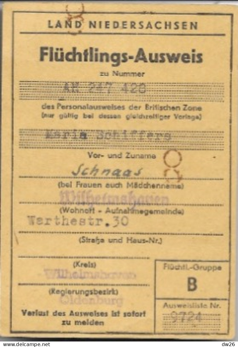 Ausweis - Carte D'identité De Réfugié 1949 (Maria Schiffers) Flüchtlingsausweis Wilhelmshaven, Land Niedersachsen - Historische Dokumente