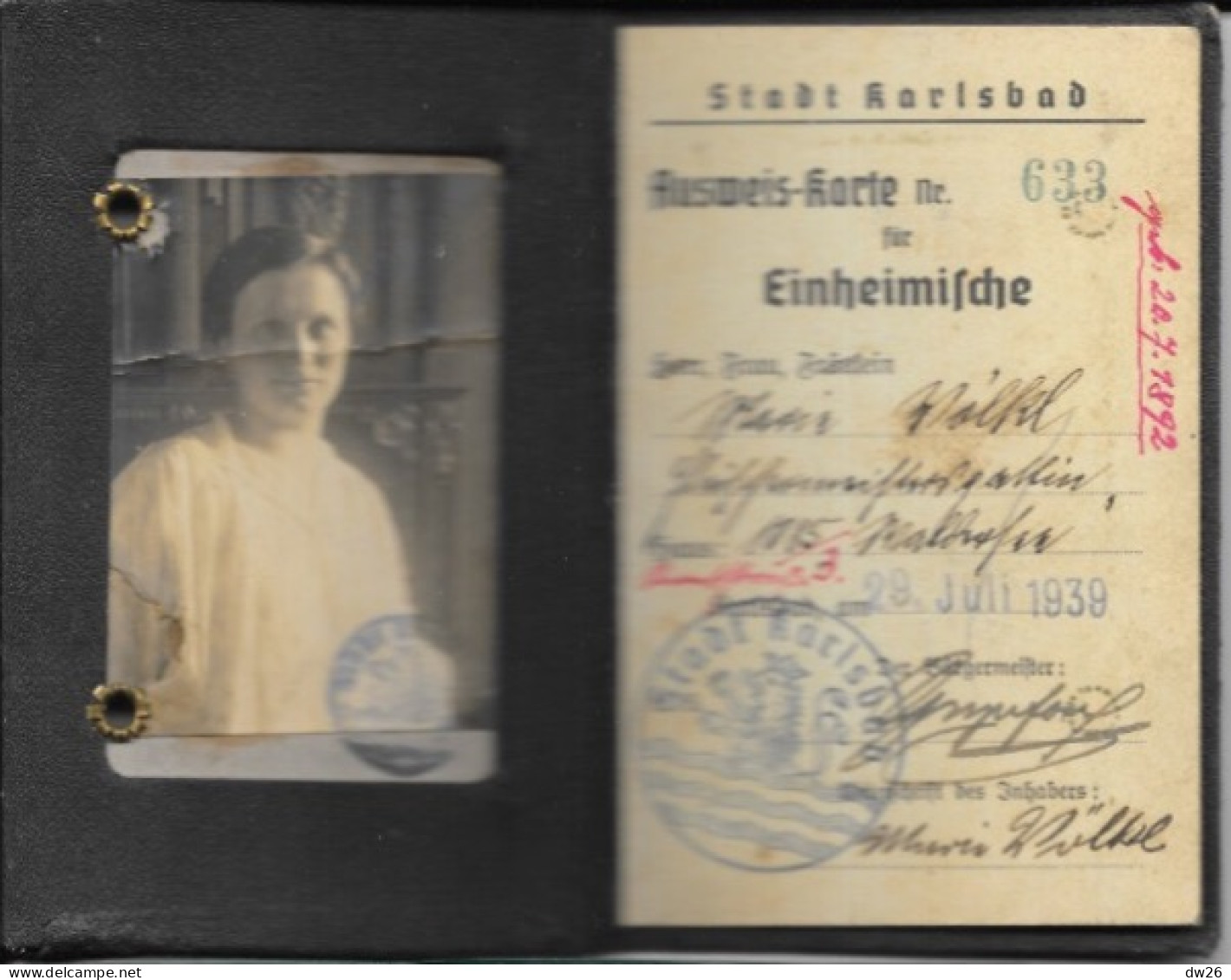 Ausweis - Ausweiskarte Für Einheimische - Carte D'identité De 1939 Pour Les Locaux (Maria Volkl) Stadt Karlsbad - Documents Historiques