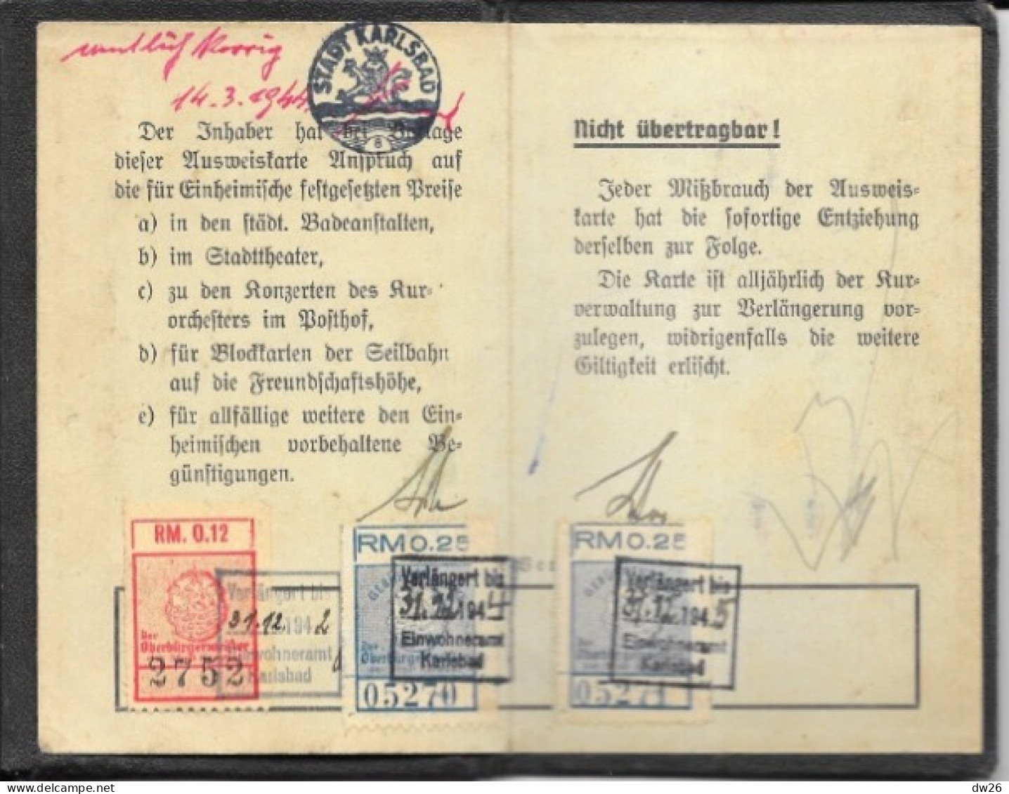 Ausweis - Ausweiskarte Für Einheimische - Carte D'identité De 1939 Pour Les Locaux (Maria Volkl) Stadt Karlsbad - Documents Historiques