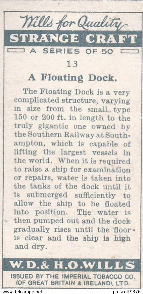 Strange Craft 1931 - Original Wills Cigarette Card - 13 A Floating Dock - Wills