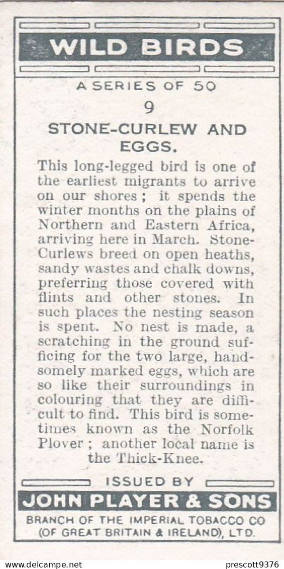 Wild Birds 1932 - Original Players Cigarette Card - 9 Stone Curlew & Eggs - Player's