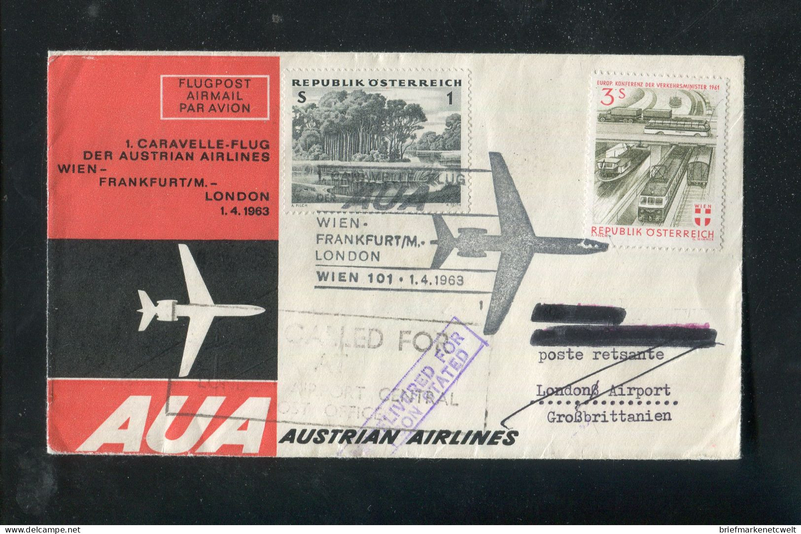 "OESTERREICH" 1963, AUA-Caravelle-Erstflugbrief "Wien-London" (5347) - First Flight Covers