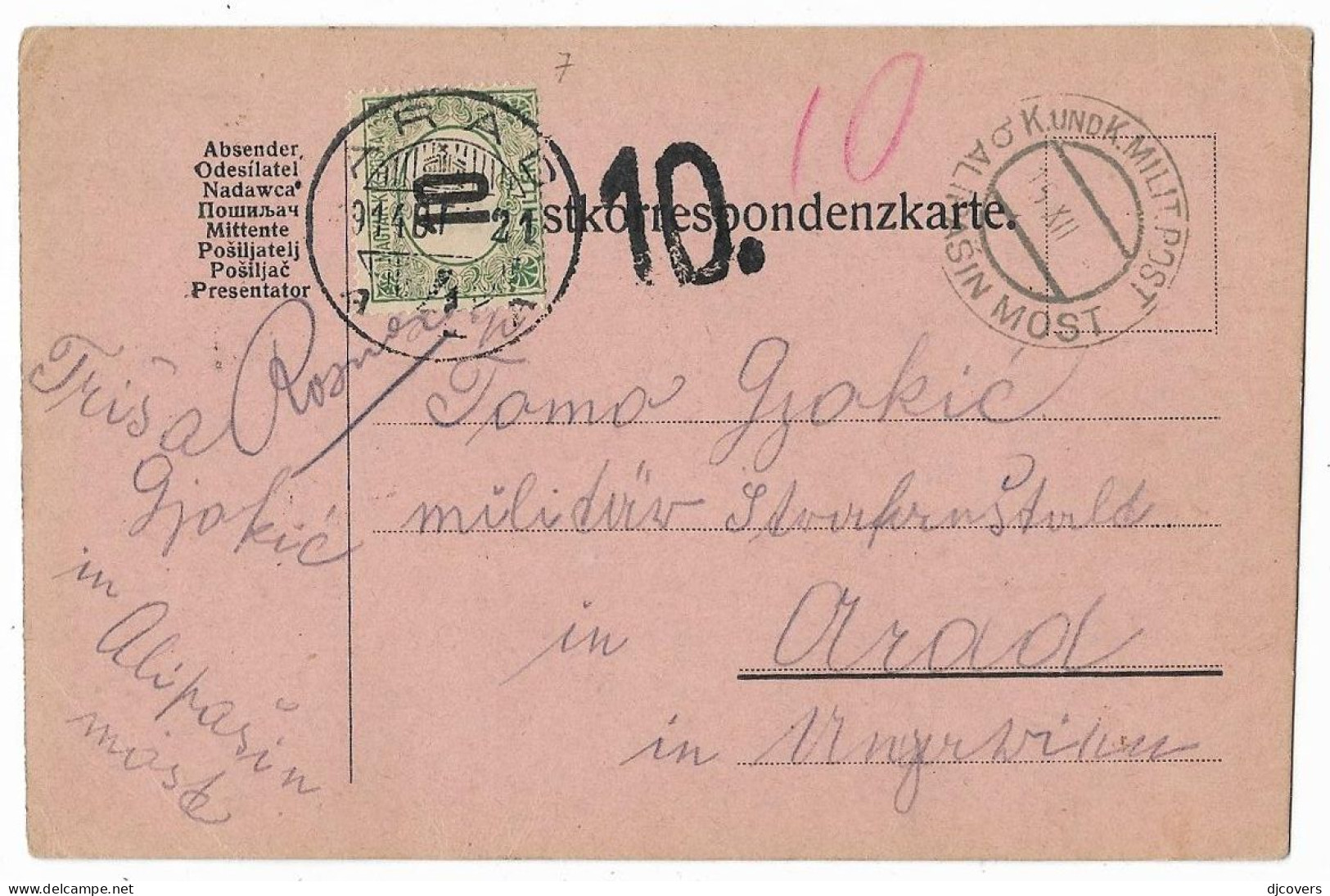 Romania Bosnia Alipasin Most 1914 Arad Hungary Postage Due Charged On Arrival - Postage Due