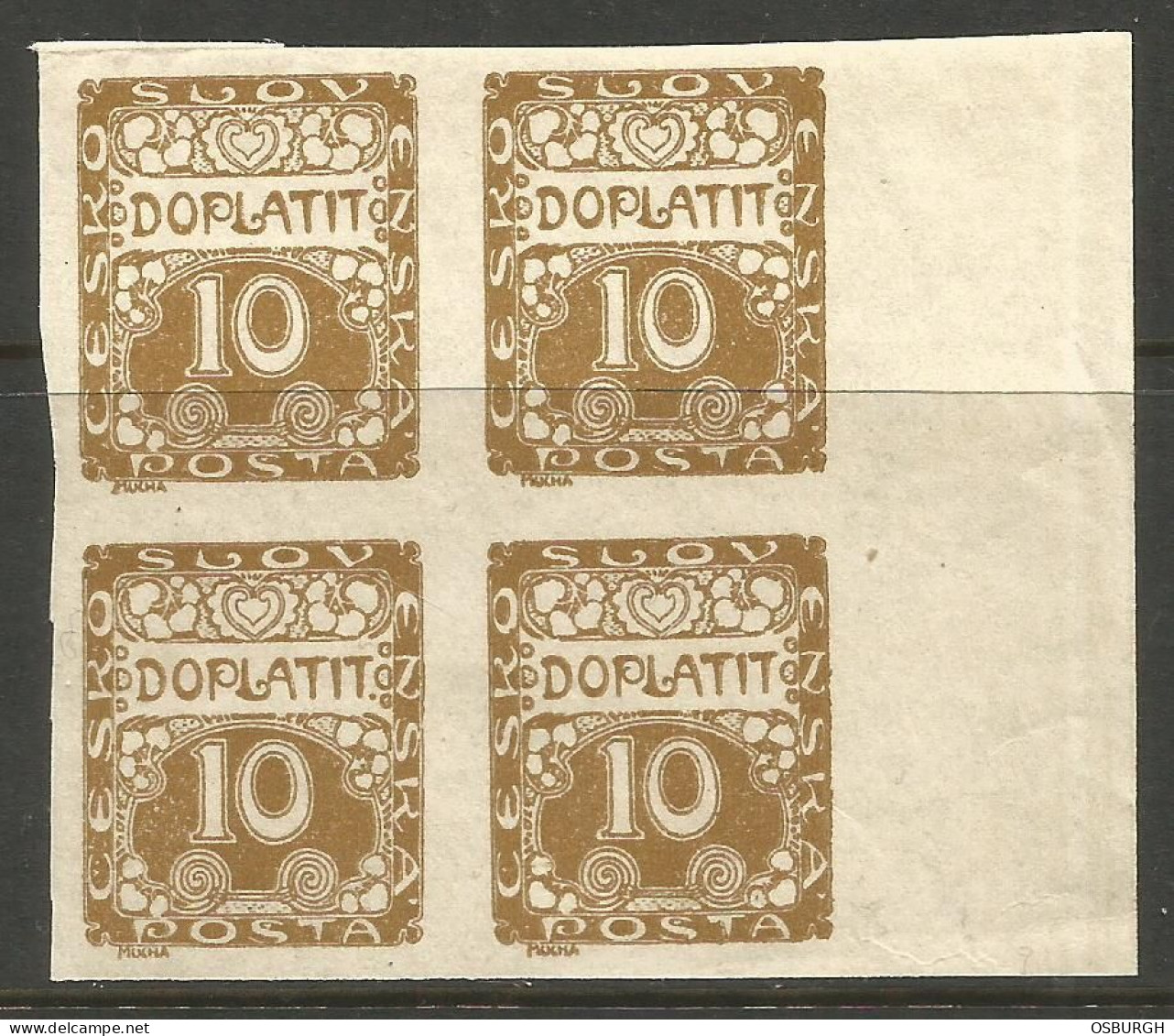 CZECHOSLOVAKIA. 10h IMPERF POSTAGE DUE MARGINAL BLOCK OF FOUR. MOUNTED MINT. - Timbres-taxe