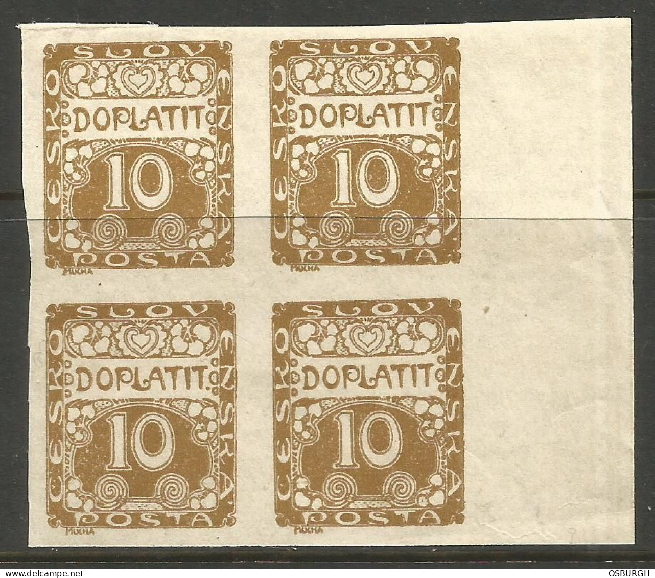 CZECHOSLOVAKIA. 10h IMPERF POSTAGE DUE MARGINAL BLOCK OF FOUR. MOUNTED MINT. - Portomarken