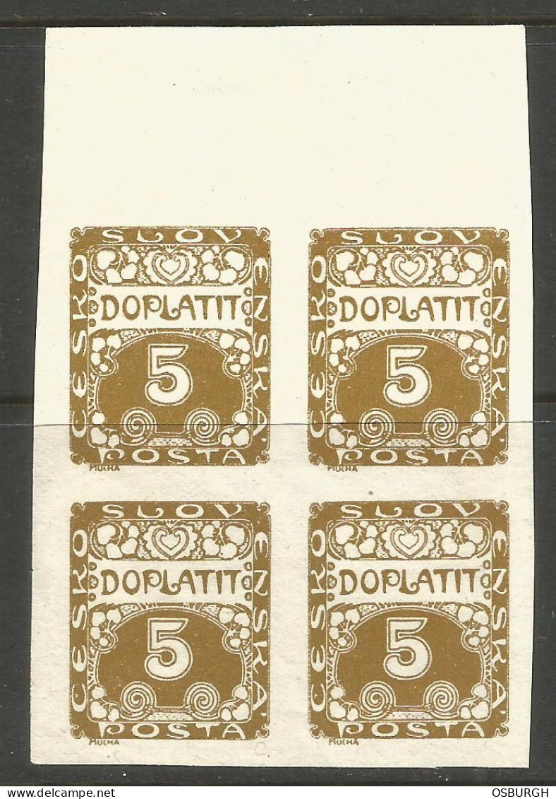 CZECHOSLOVAKIA. POSTAGE DUE. 5h MARGINAL BLOCK OF FOUR - Portomarken