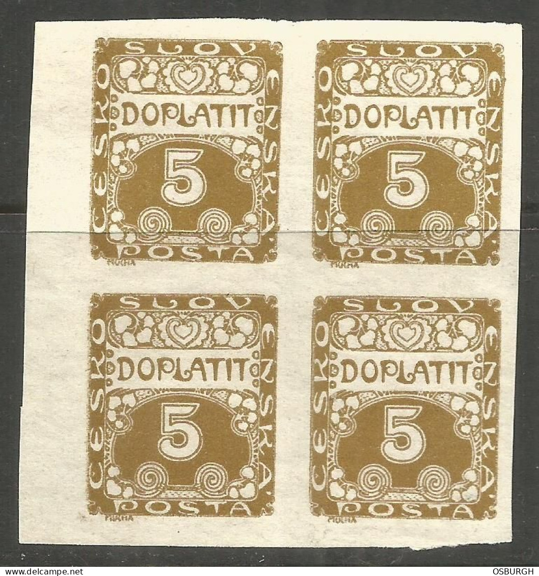 CZECHOSLOVAKIA. POSTAGE DUE. 5h BLOCK OF FOUR - Postage Due