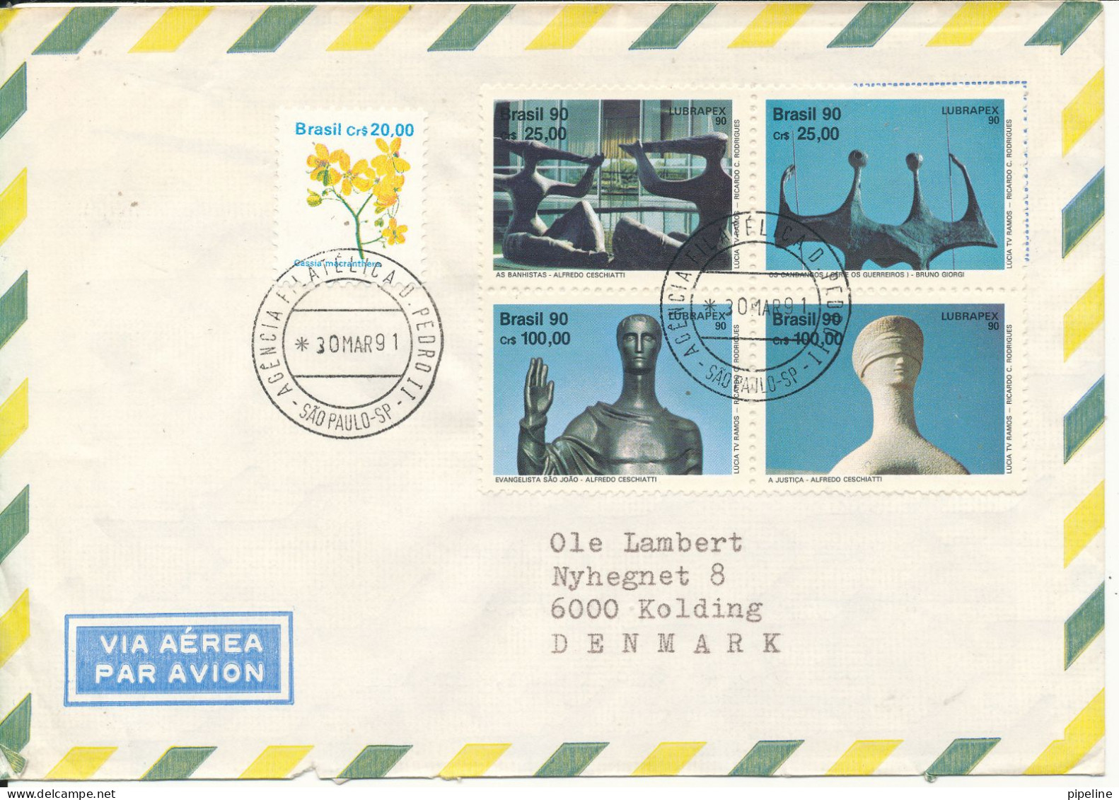 Brazil Air Mail Cover Sent To Denmark 30-3-1991 Topic Stamps In A Block Of 4 - Poste Aérienne