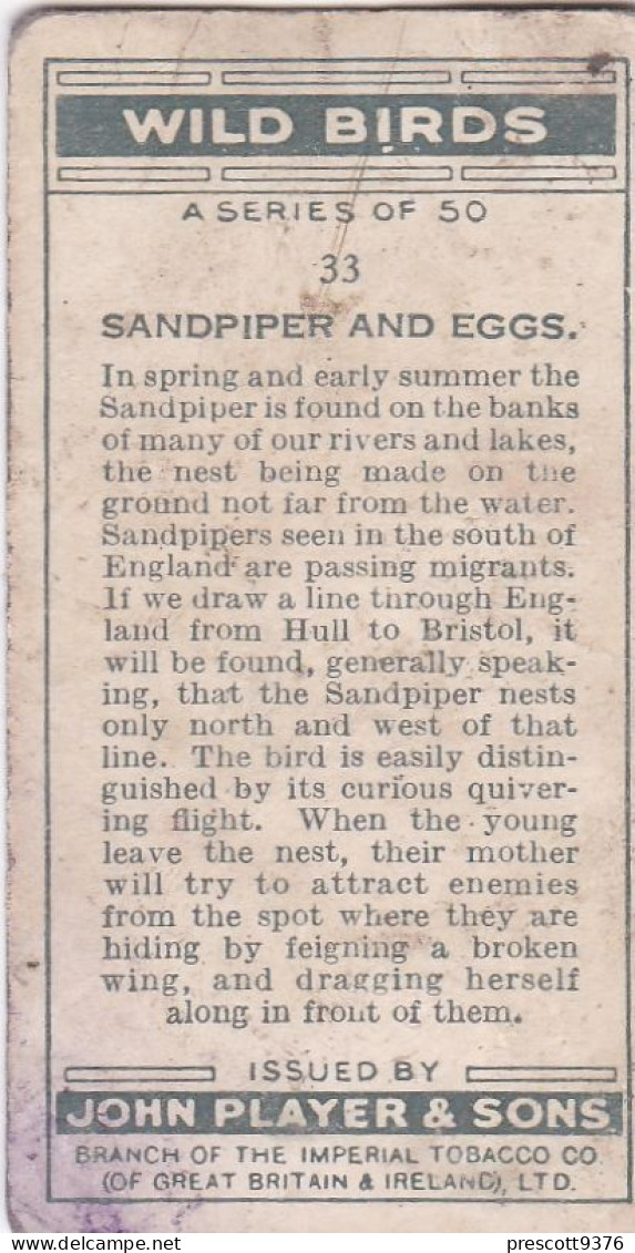 Wild Birds 1932 - Original Players Cigarette Card - 33 Sandpiper & Eggs - Player's