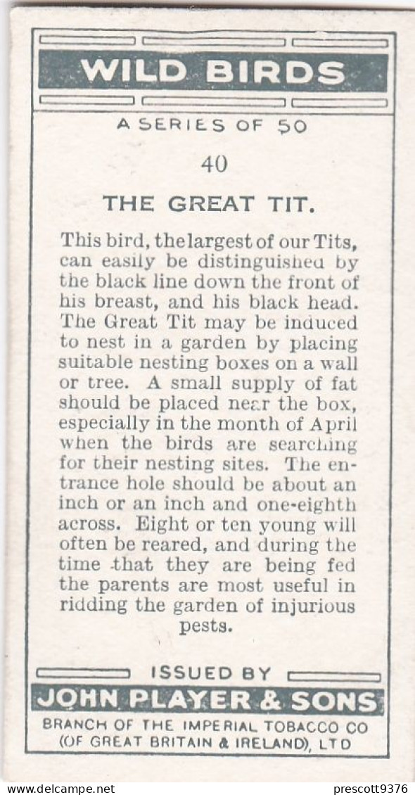 Wild Birds 1932 - Original Players Cigarette Card - 40 Great Tit - Player's