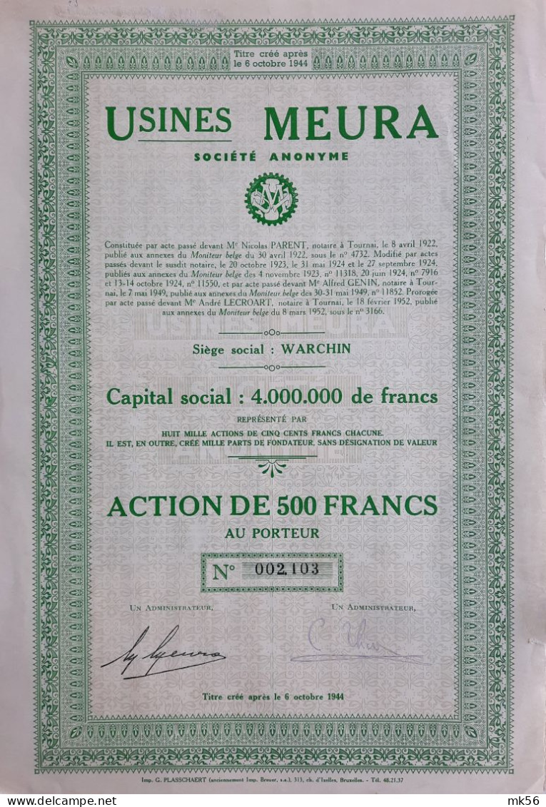Usines Meura - Warchin - Action De 500 Francs -1952 - Industrie