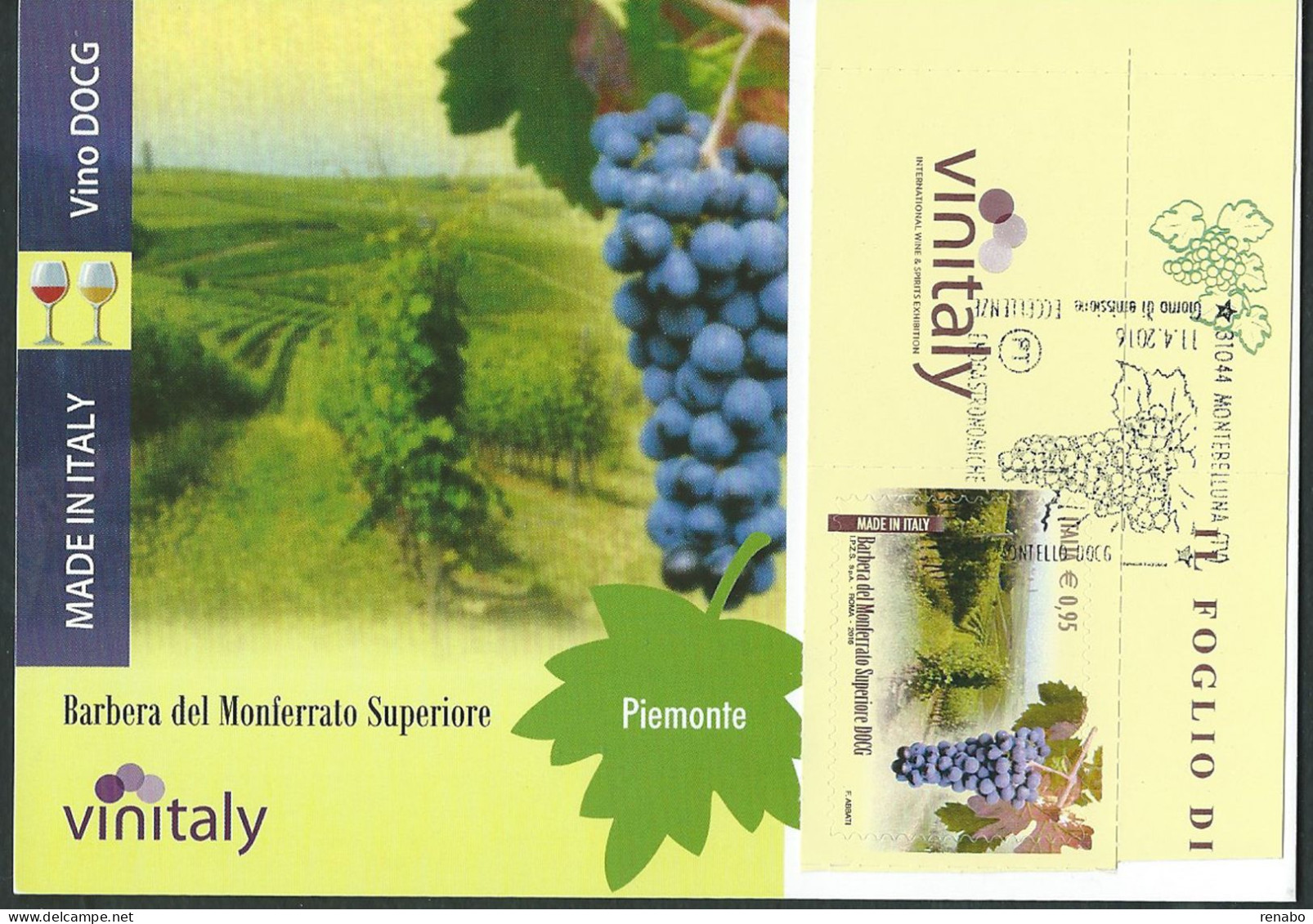 Italia 2016; Montello DOCG A Barre Spedisce Con FDC “Montello DOCG” Cartolina Maximum: Barbera Del Monferr. + Vinitaly. - Bar Codes