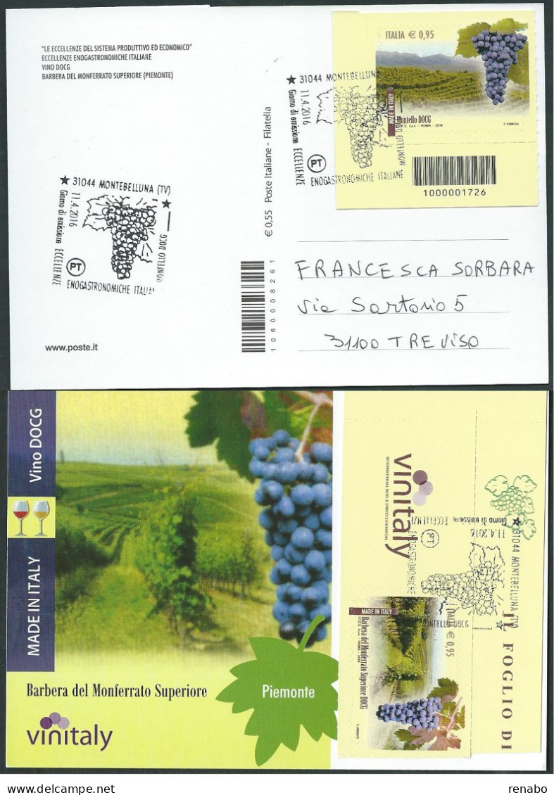 Italia 2016; Montello DOCG A Barre Spedisce Con FDC “Montello DOCG” Cartolina Maximum: Barbera Del Monferr. + Vinitaly. - Code-barres