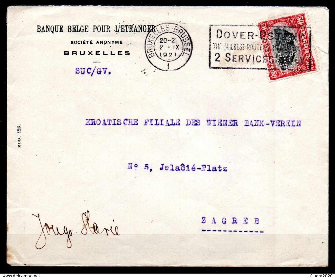 143 Op Brief Gestempeld - Perfin B B E (Banque Belge Pour L'Etranger) Naar ZAGREB - 1909-34