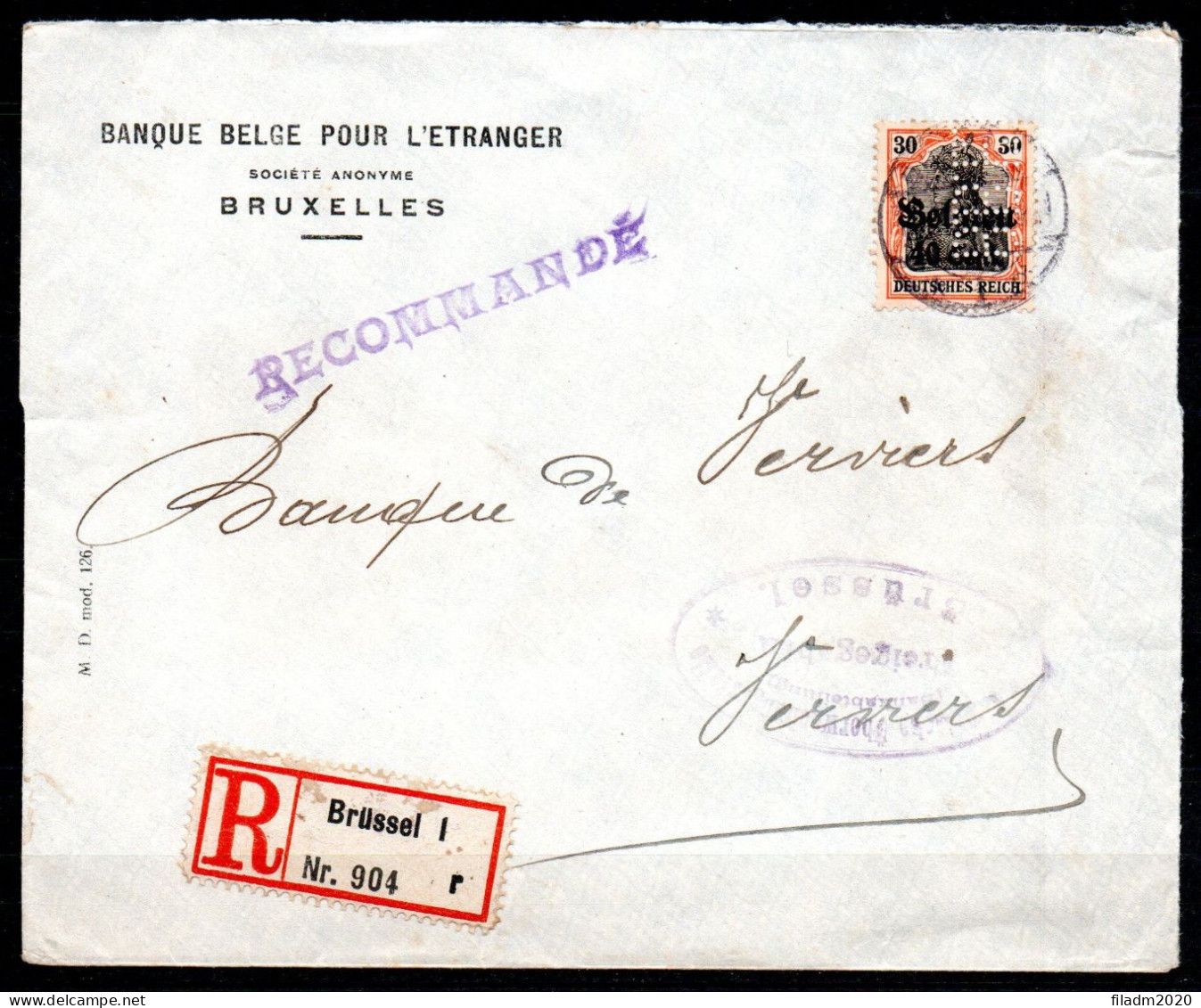 BZ/OC 19 Op Aangetekende Brief Gestempeld - Perfin B B E (Banque Belge Pour L'Etranger) - 1909-34
