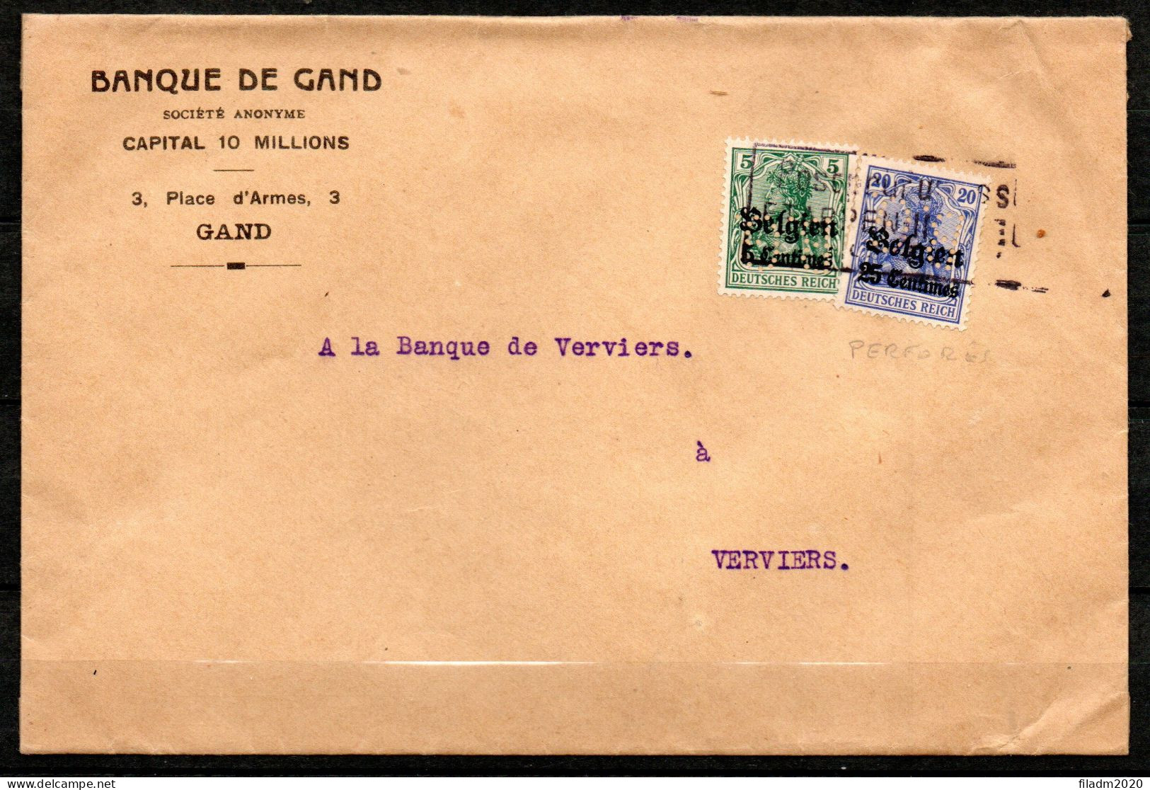 BZ/OC 2 + 4 Op Brief Gestempeld - Perfin B.G (Banque De Gand) - 1909-34